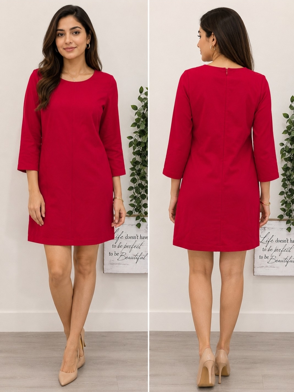 Babaton Red Mini Shift Dress with Three-Quarter Sleeves